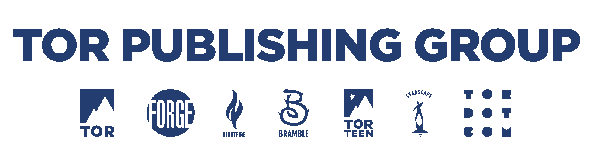 Tor Publishing Group logo with Forge, Nightfire, Bramble, Tor Teen, Starscape, and Tordotcom Publishing imprints